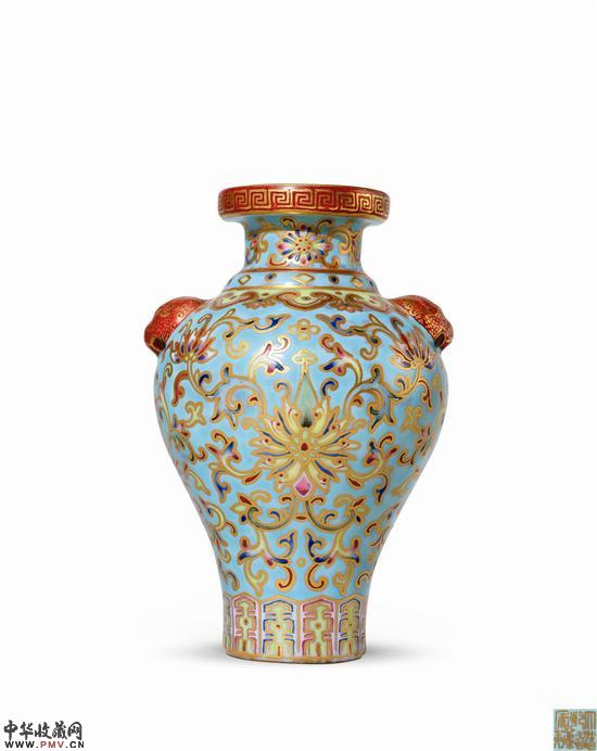 5#5 松石绿地粉彩描金缠枝花卉纹铺首小瓶