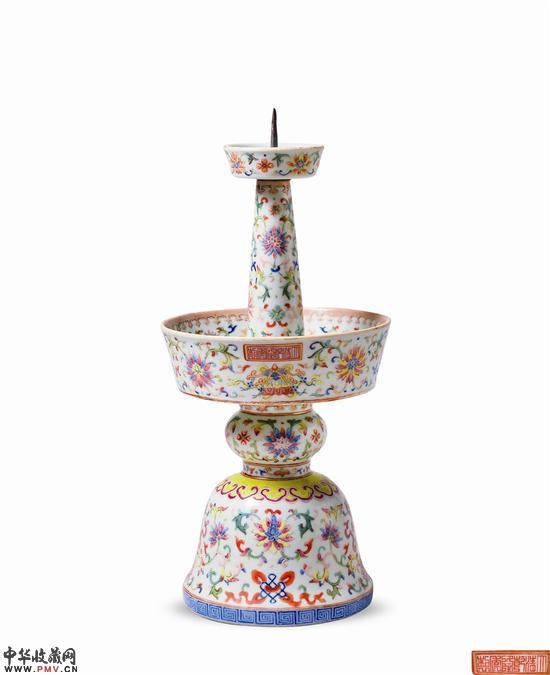 8#8 清乾隆  粉彩莲托八宝纹烛台