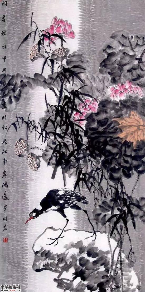 王同君《 荷塘系列 闲看秋水》 136 x68cm    纸本