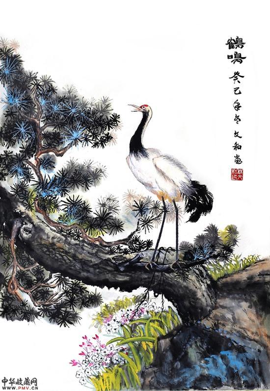 林文和 鹤鸣 90×46cm 纸本彩墨 2013年