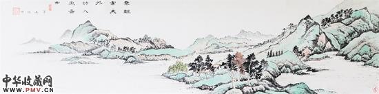 沈鸿祥 青绿山水图 138×35cm 纸本设色