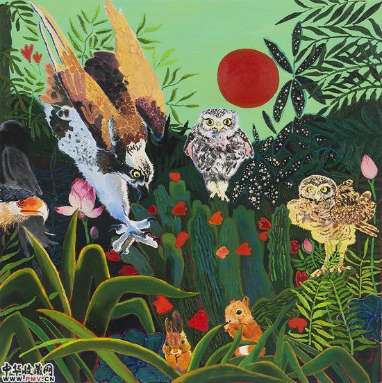 卢梭的花园—红日 木板油画、油画棒 100x100cm 2016