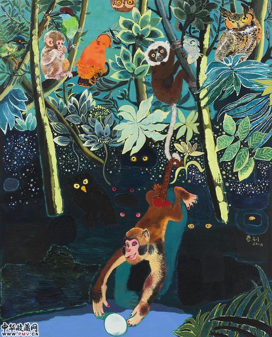 卢梭的花园—猴子捞月 木板油画、油画棒 150x120cm 2016
