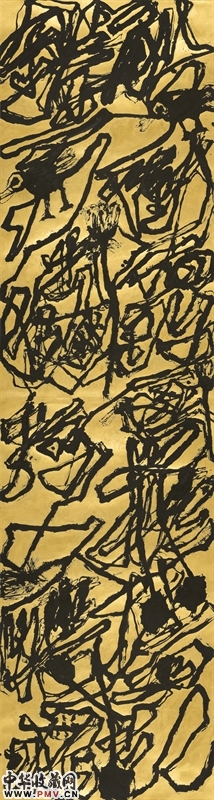 魏立刚 《金墨草书 ： 船冲宿鹭排墙起，灯引秋蚊入帐飞》   360x96cm 纸本墨、丙烯   2012