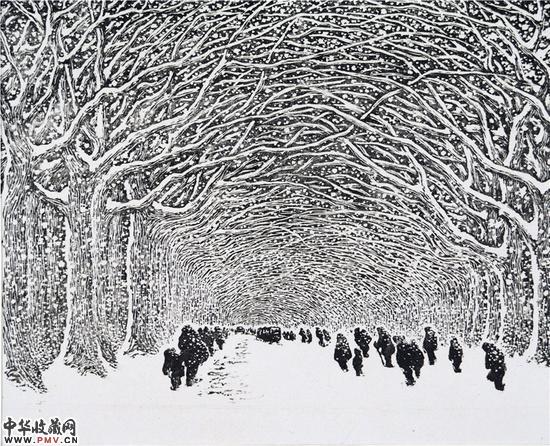 沙清泉《绿城飞雪》20×24.7cm 1983年 黑白木刻