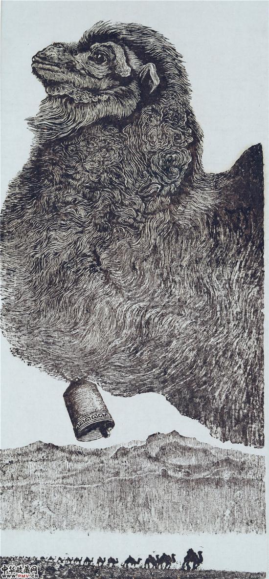 沙清泉《昂首阔步》61×29cm 1985年 单色木刻