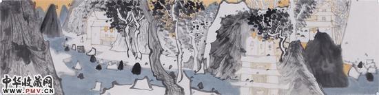 靳志强《翠峦生玉 》34×136cm纸本水墨 2016年