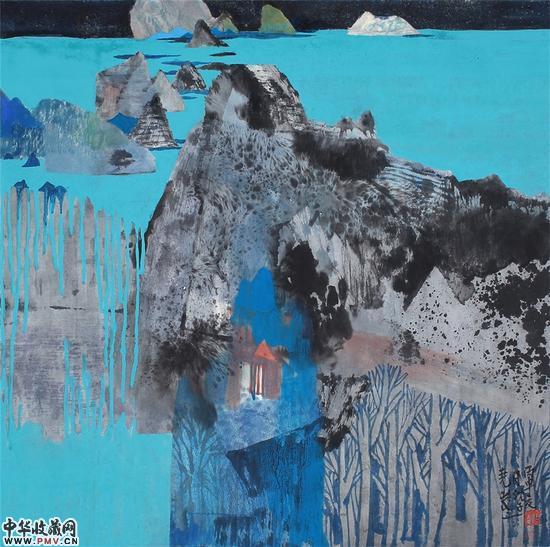 沈波《碧画》65cm×65cm 纸本水墨、综合材料2016