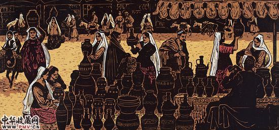 《南疆巴扎》油印套色 30×62cm 1962