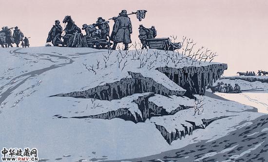 《冰江的藏资早晨》木版套色 37×60cm 1961