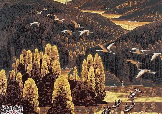 《出渔》油印套色 43×60cm 1978