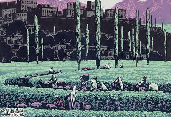 《火焰山下葡萄紫》油印套色 37×53cm 1963