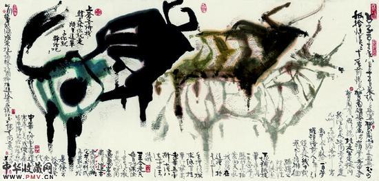 、《岩画》，纸质，水墨设色，260x140cm,2015年