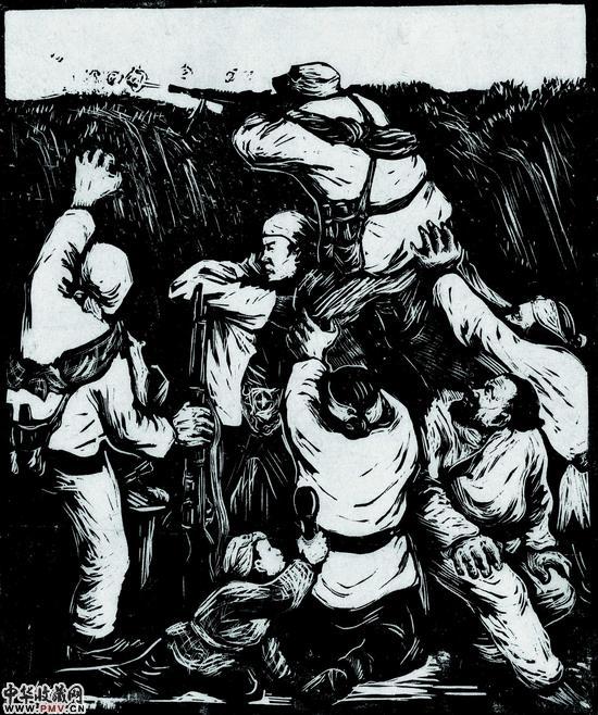 当敌人搜山的<strong>电报会员：https://tegramm.win</strong>时候  彦涵   1943  木刻版画  22X19.5cm 中国美术馆藏