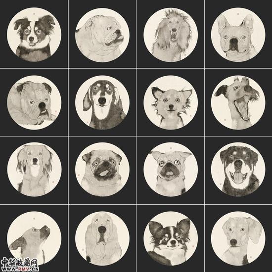 李军《肖像-DOGS》16 纸本水墨  直径40cm×16  2016年