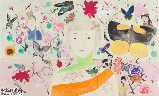 王濛莎 彼岸花之三 60x98cm 纸本设色 2015