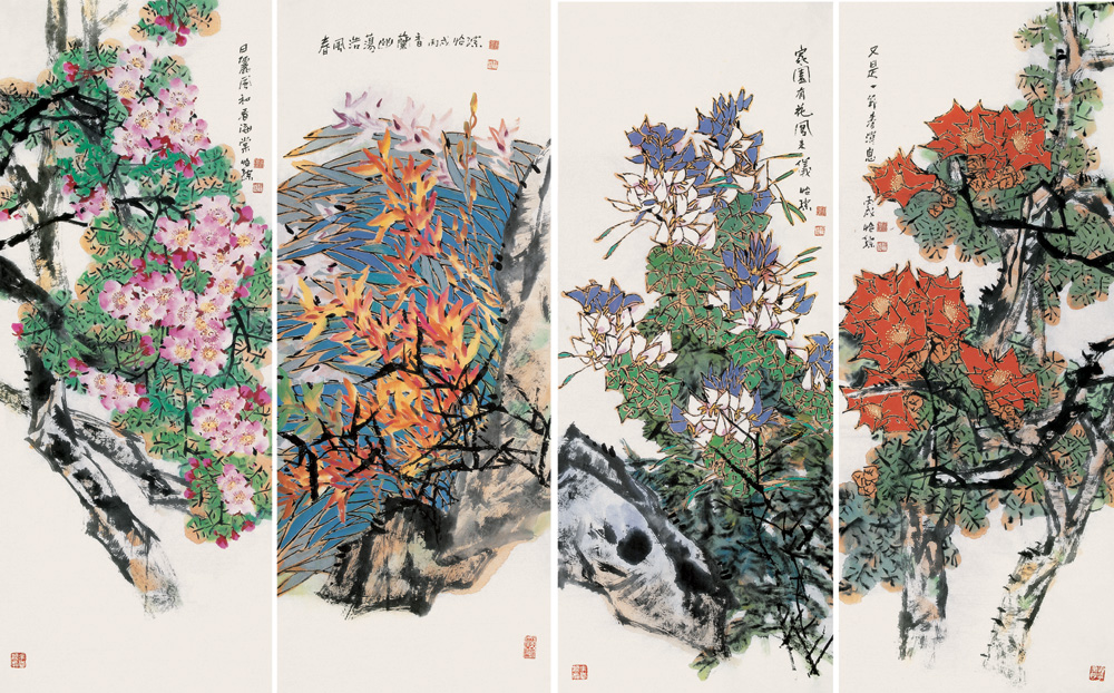 花卉 四屏  