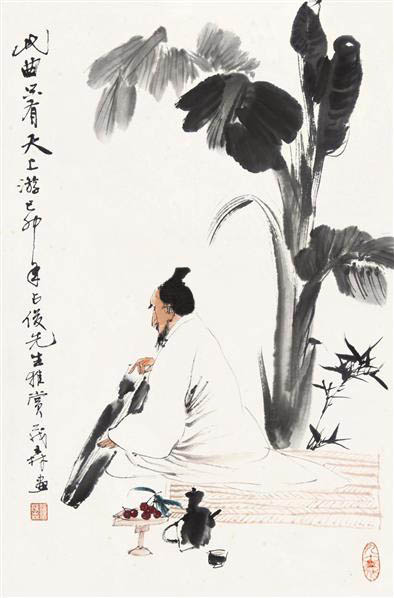 蕉下抚琴图 镜心 设色纸本 