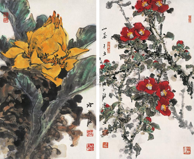 陈永锵 2009年作 花卉 （二帧） 镜框 