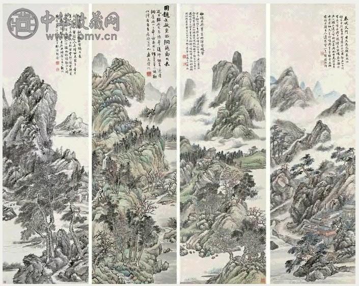 陆恢 傲古山水四帧 立轴 设色纸本