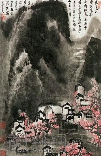 近现代 李可染 水邨桃花春雨中 轴