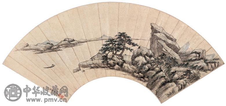 赫奕 平湖泛舟 扇面 设色纸本