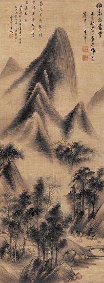 董其昌 壬子(1612年)作 泉光云影 立轴 设色绢本