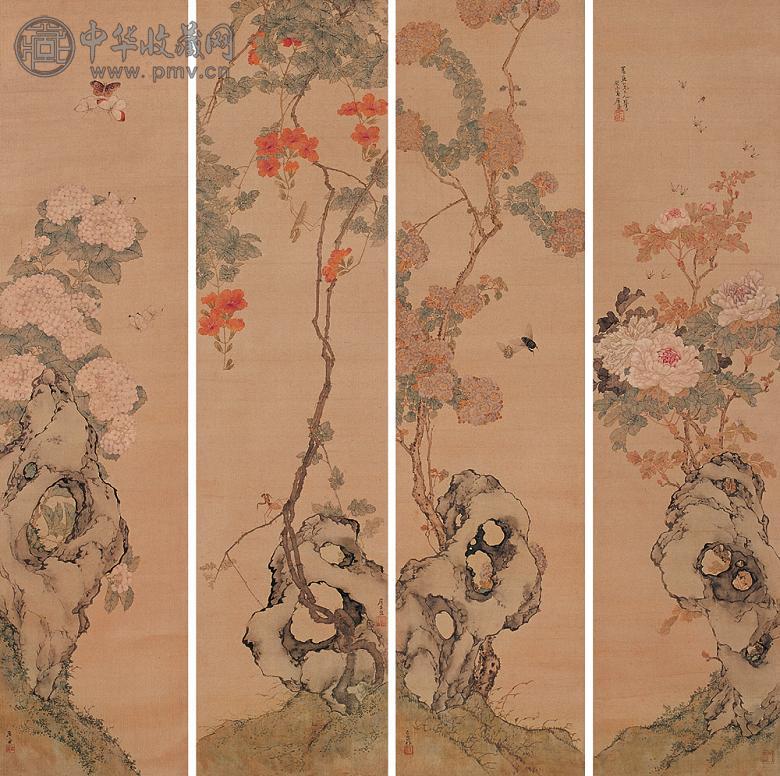 居廉 癸未(1883年)作 花卉草虫 四屏 设色绢本