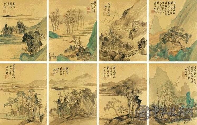 沈焯 1893年作 仿各家山水 八开 金笺、设色