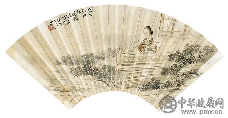 沙佐 仕女 成扇 设色纸本