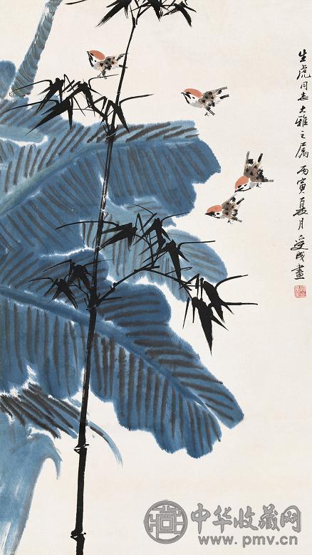 邱受成 1986年作 花鸟 立轴 设色纸本