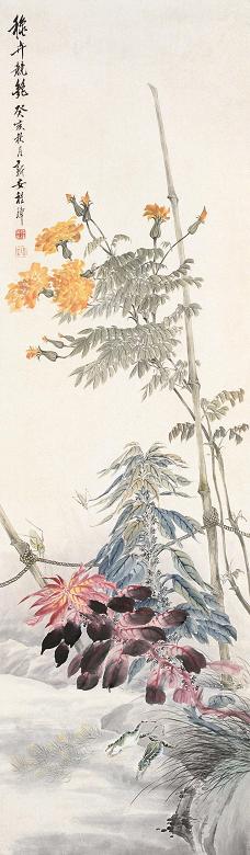 程璋 1923年作 虫草 立轴 设色纸本