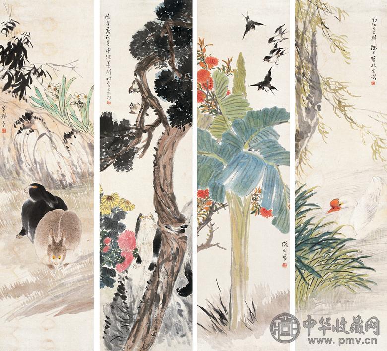 倪田 1888年作 花鸟 四屏 设色纸本