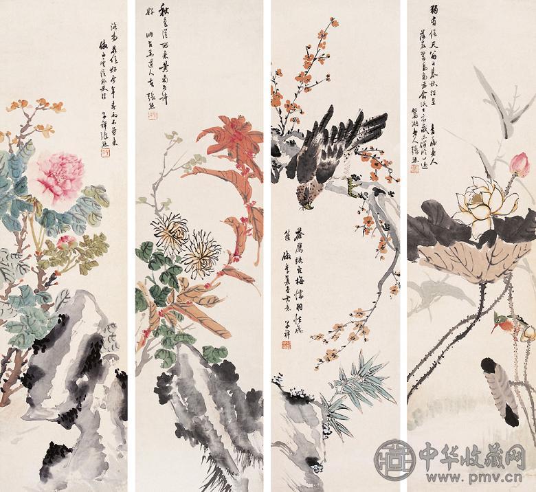 张熊 花鸟图 四屏 设色纸本