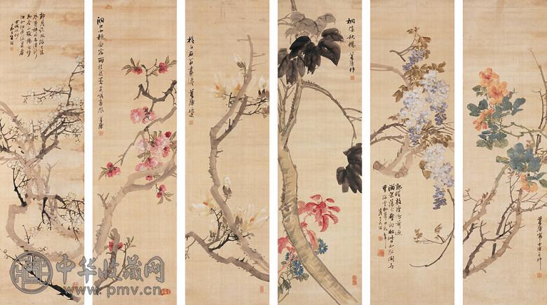 朱梦庐 甲戌(1874年)作 花卉 六屏 设色纸本