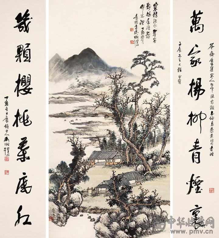 吴徵 丁亥(1947年) 水岸幽居 行书 立轴、七言对联 设色纸本