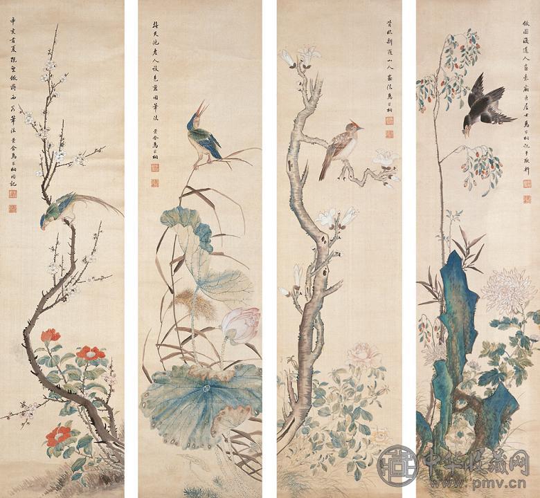 马家桐 辛亥(1911年)作 四时花鸟 四屏 设色绢本