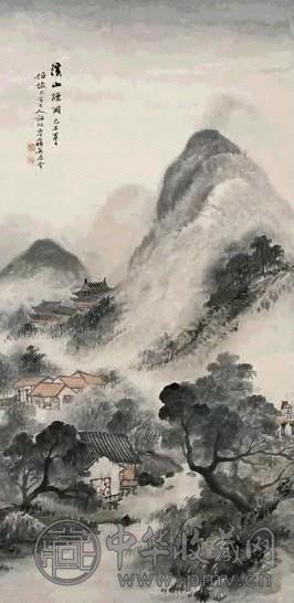 吴石僊 1909年作 溪山烟雨 立轴 设色纸本