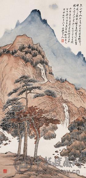 徐世昌 甲戌(1934年)作 松山飞瀑 立轴 设色纸本 收藏资讯|艺术家|书画家|书画名人|书法家-中华收藏网