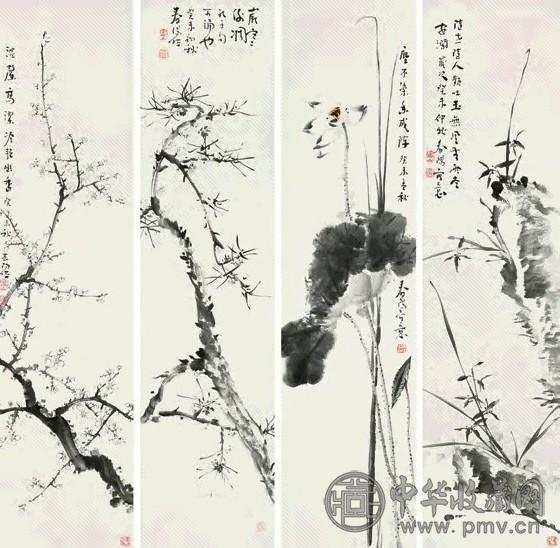 霍春阳 癸未(2003年)作 四时花卉 六屏 设色纸本