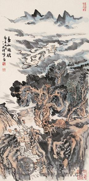 陆俨少 庚午(1990年)作 春山游骑 立轴 设色纸本