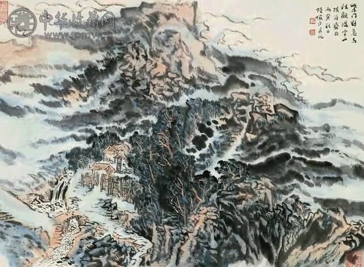 陆俨少 1986年作 柴门观雨 镜心 设色纸本 收藏资讯|艺术家|书画家|书画名人|书法家-中华收藏网