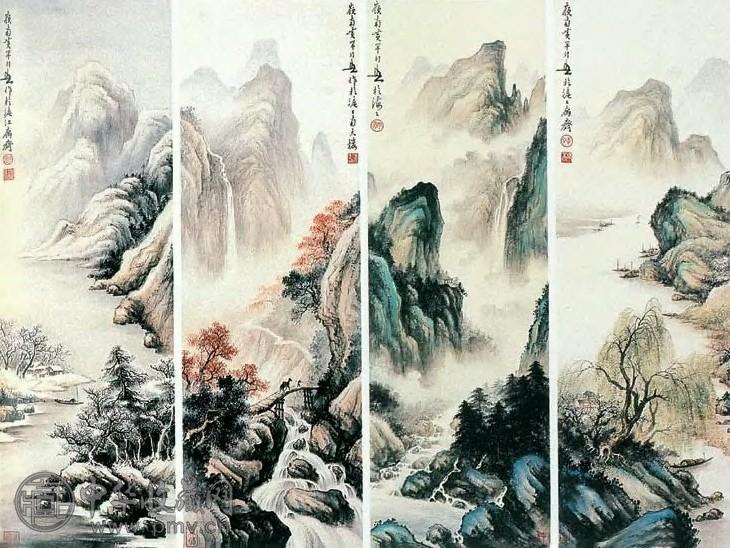 黄幻吾 近现代 四季山水图 四屏