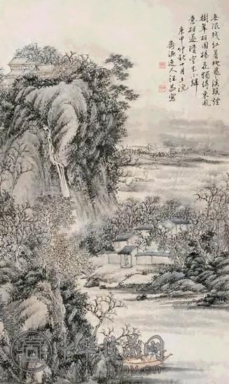 汪恭 1800年作 溪岸烟翠 立轴 水墨纸本