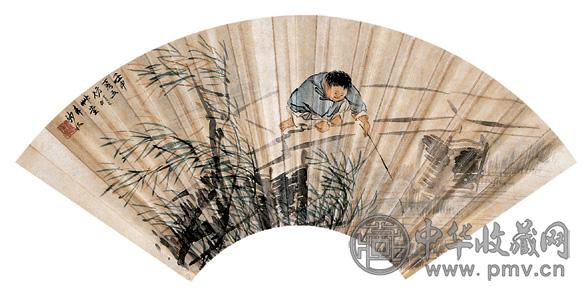 沙佐 垂钓图 成扇 设色纸本