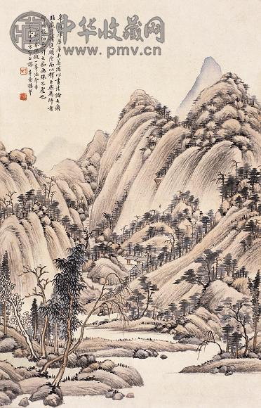 楼辛壶 乙丑(1925年)作 峰峦暖翠阁 轴 设色纸本