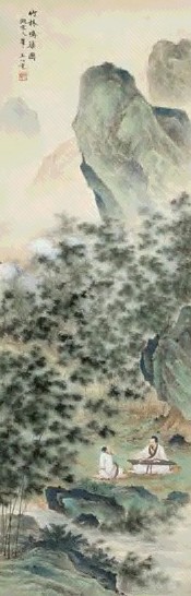 王心竟 竹林鸣琴图 片 设色纸本