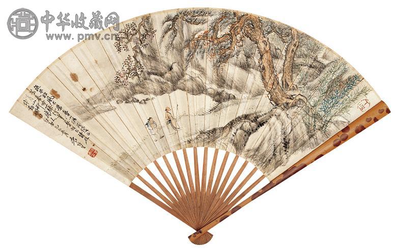 袁培基 刘未林 1929年作 人物山水 书法 成扇 设色纸本