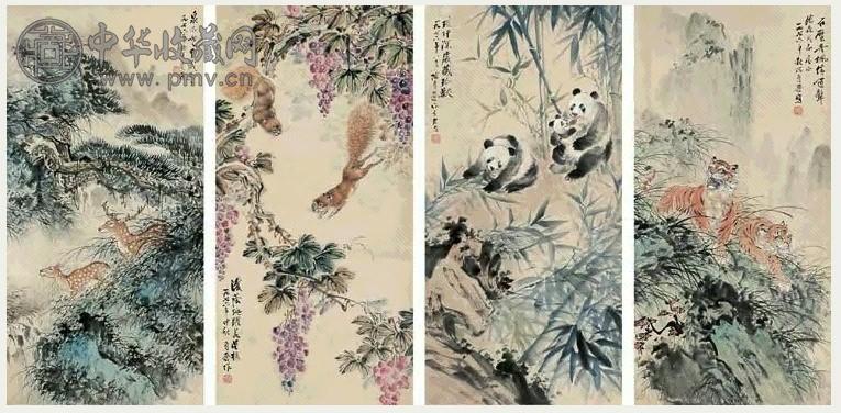 陈负苍 丙辰(1976年作) 走兽 四屏 设色纸本