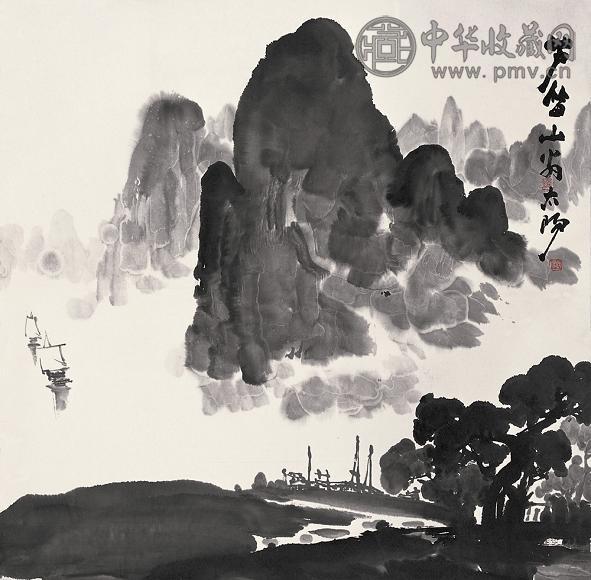 阳太阳 春江行舟 立轴 水墨纸本